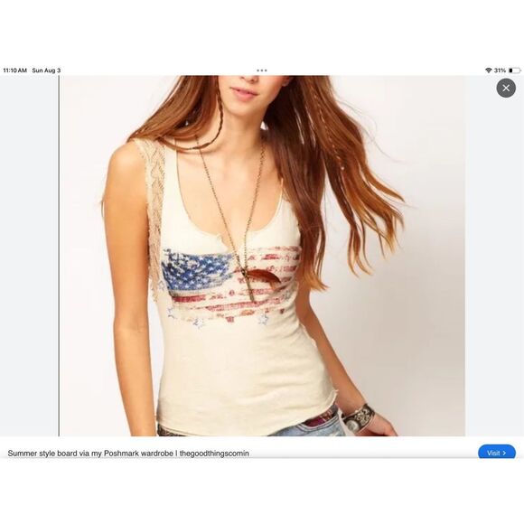 We The Free People Crochet graphic American Flag BOHO USA TANK TOP sz L - Picture 1 of 9